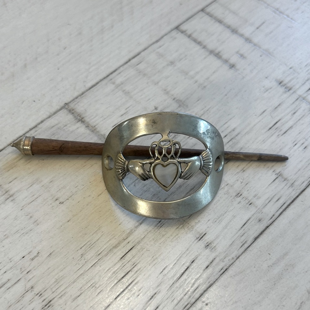 Vintage Irish Claddagh Hair slide silver plated brass mother of pearl